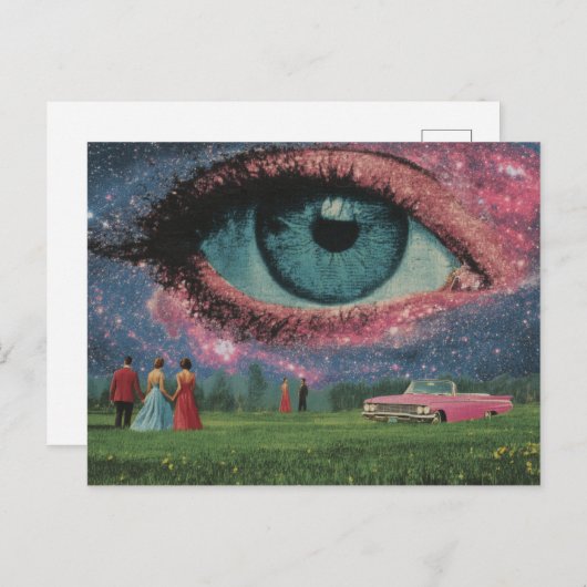 Surreal Retro People and Car with Eye in Sky Postkarte (Vorne/Hinten)
