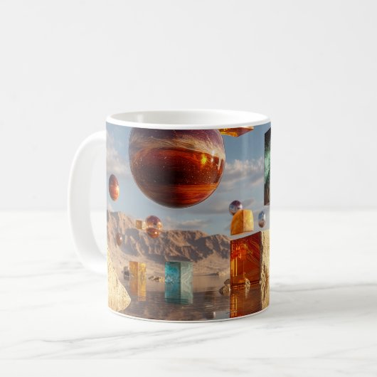 Surreal schwebende Kugeln und Würfel Kaffeetasse (Vorderseite Links)