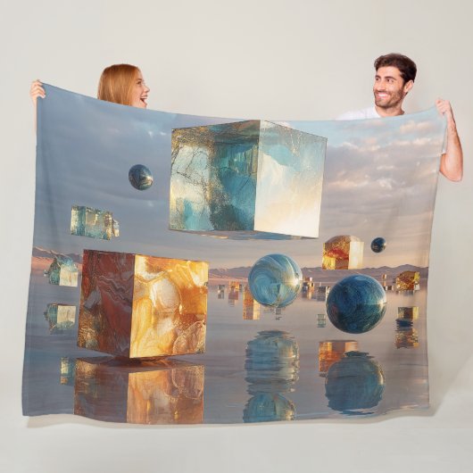 Surreal schwebende Würfel und Kugeln Fleecedecke (Beispiel)