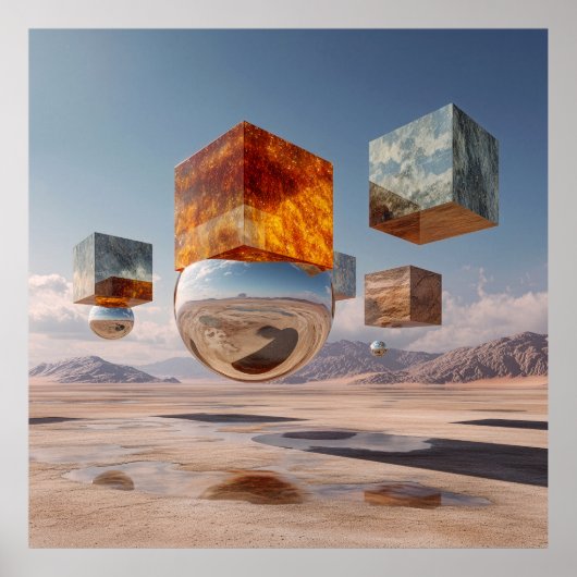 Surreal schwebende Würfel und reflektierende Kugel Poster (Vorne)