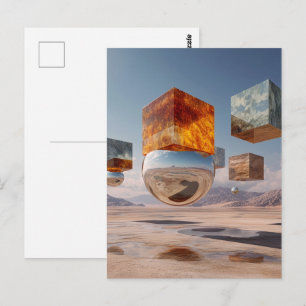 Surreal schwebende Würfel und reflektierende Kugel Postkarte