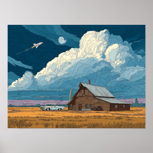 Surreal Sci-Fi Farm with Rocket Launch Illustratio Poster (Vorne)