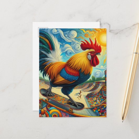 Surreal Skateboarding Rooster Postkarte (Vorderseite/Rückseite Beispiel)