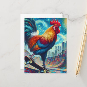 Surreal Skateboarding Rooster Postkarte
