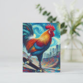 Surreal Skateboarding Rooster Postkarte (Stehend Vorderseite)