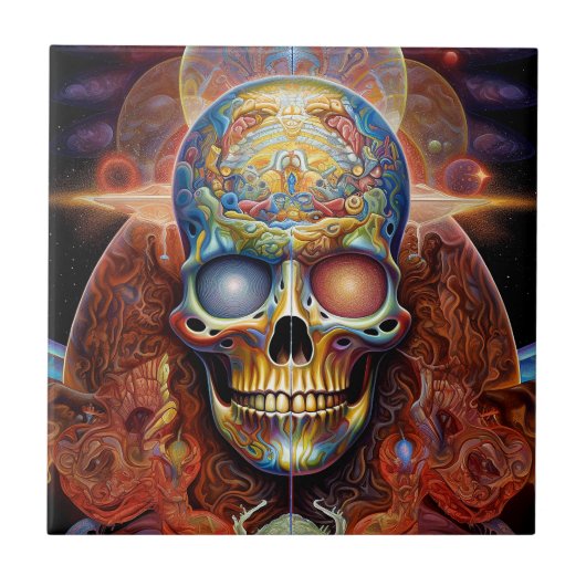 Surreal Skull Farben Visionäre Kunst Fliese (Vorderseite)
