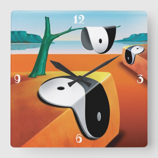 Surreal soft Yin Yang landscape clock. Quadratische Wanduhr (Vorderseite)