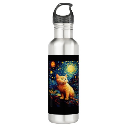 Surreal Starry Night Munchkin Cat Edelstahlflasche (Vorderseite)