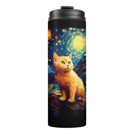 Surreal Starry Night Munchkin Cat Thermosbecher (Vorderseite)