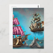 Surreal Steampunk Floating Ship & Pink Sails Postkarte (Vorne/Hinten)