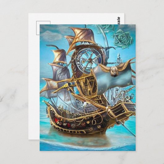 Surreal Steampunk Gold Trim Ship Postkarte (Vorne/Hinten)