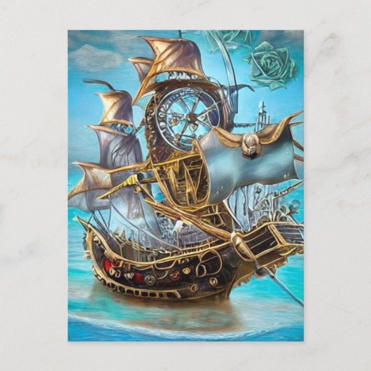 Surreal Steampunk Gold Trim Ship Postkarte (Vorderseite)