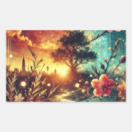 Surreal Sunset and Floral Skyline Artwork Rechteckiger Aufkleber