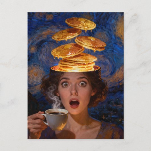 Surreal Surprised Breakfast Pancakes Coffee Woman  Postkarte (Vorderseite)