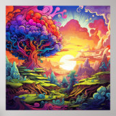 Surreal Symphony: Psychedelic Hillside Sunset Poster (Vorne)