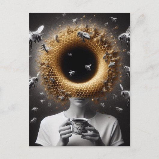 Surreal Tea Time Bees Honeycomb Black Hole Head Postkarte (Vorderseite)