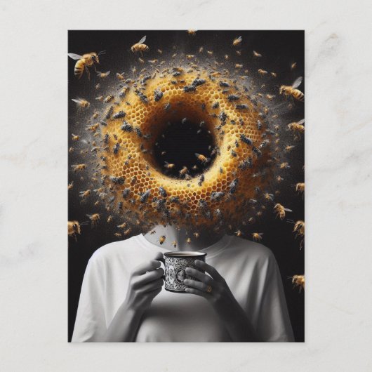 Surreal Tea Time Bees Honeycomb Black Hole Head Postkarte (Vorderseite)