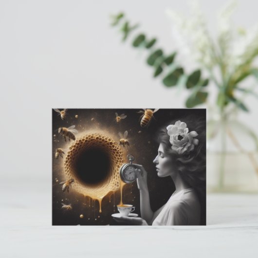Surreal Tea Time Bees Honeycomb Black Hole Honey Postkarte (Stehend Vorderseite)