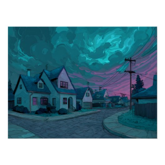 Surreal Teal Twilight Suburb Scene Poster (Vorderseite)