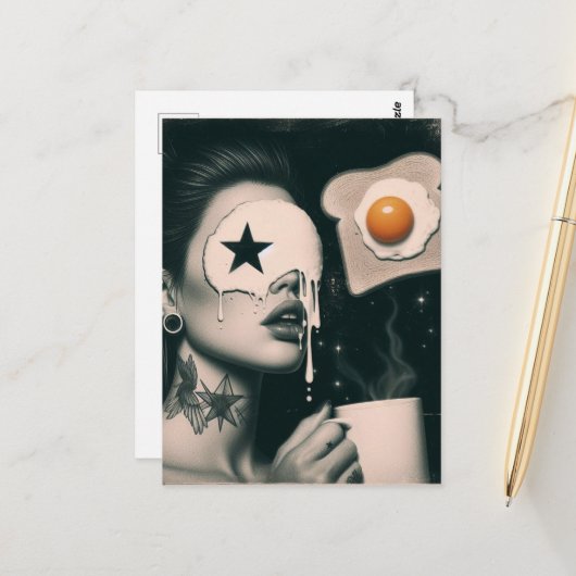 Surreal Toast, Eggs, and Coffee woman Postkarte (Vorderseite/Rückseite Beispiel)
