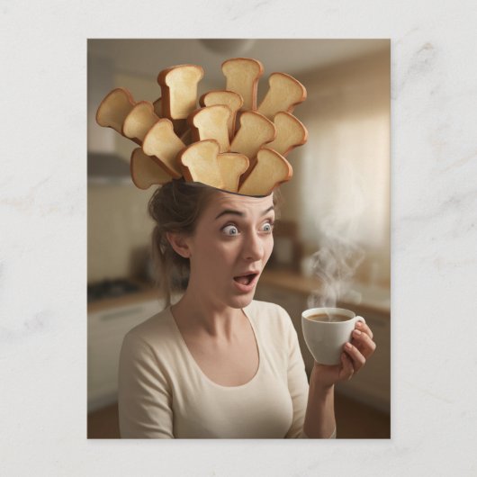 Surreal Toast Head Frühstück Frau mit Kaffee Postkarte (Vorderseite)