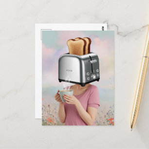 Surreal Toaster Head Frühstück Frau Holds Kaffee Postkarte