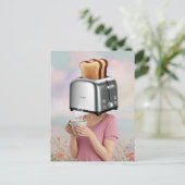 Surreal Toaster Head Frühstück Frau Holds Kaffee Postkarte (Stehend Vorderseite)