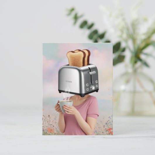 Surreal Toaster Head Frühstück Frau Holds Kaffee Postkarte (Stehend Vorderseite)