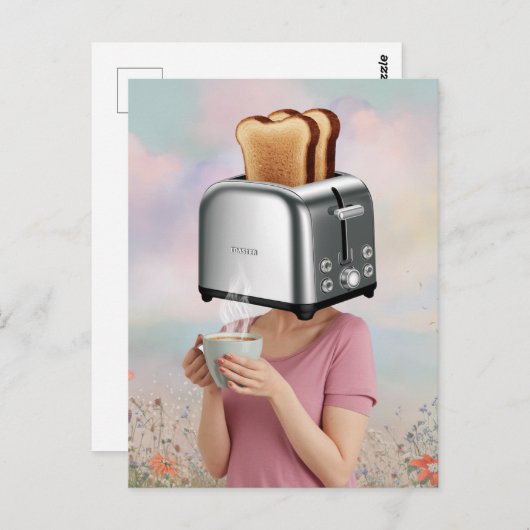 Surreal Toaster Head Frühstück Frau Holds Kaffee Postkarte (Vorne/Hinten)