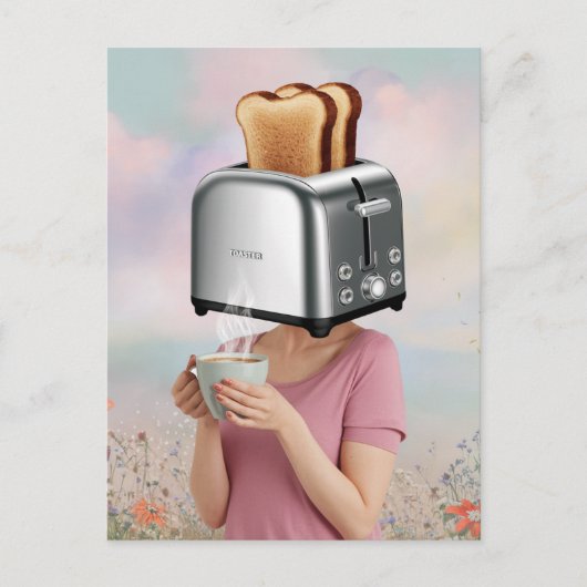 Surreal Toaster Head Frühstück Frau Holds Kaffee Postkarte (Vorderseite)