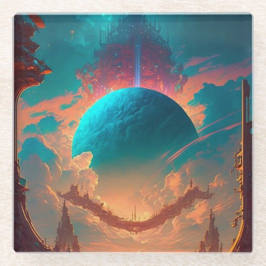 Surreal Towers Planet Visionäre Landschaft Glasuntersetzer (Vorderseite)
