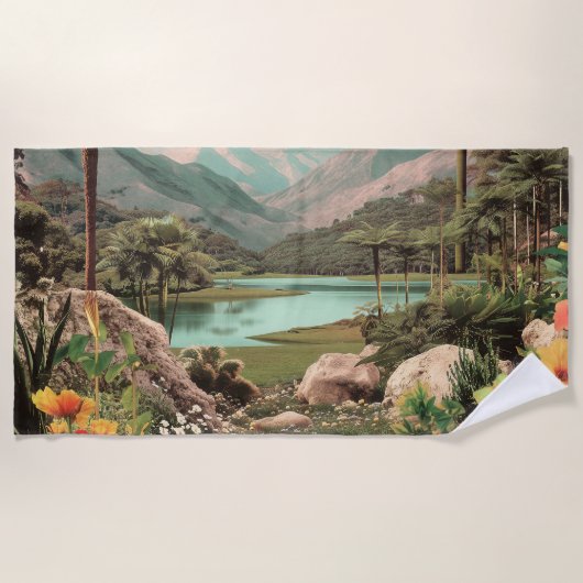 Surreal tropischer See mit Palmen Strandtuch (Vorderseite)
