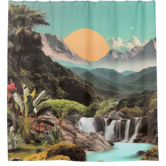 Surreal Tropisches Tal mit Wasserfällen Duschvorhang (Vorderseite)