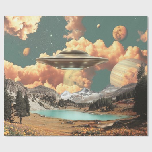 Surreal UFO Above Mountain Lake with Planets Geschenkpapier (Flach)