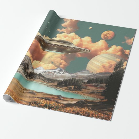 Surreal UFO Above Mountain Lake with Planets Geschenkpapier (Ungerollt)