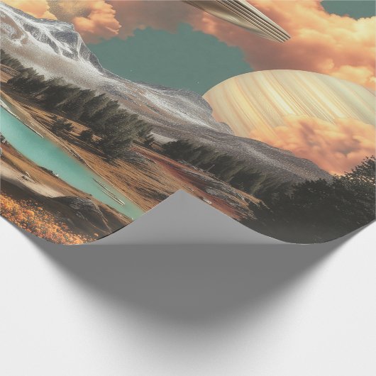 Surreal UFO Above Mountain Lake with Planets Geschenkpapier (Ecke)