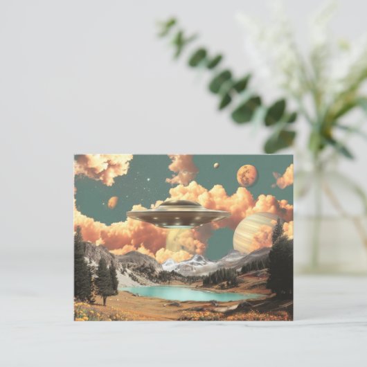 Surreal UFO Above Mountain Lake with Planets Postkarte (Stehend Vorderseite)