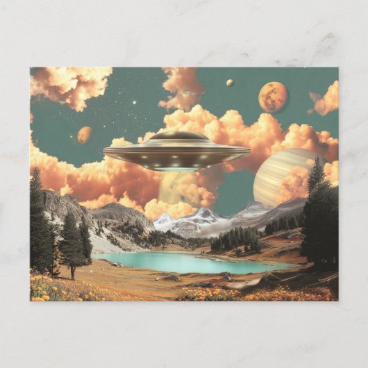 Surreal UFO Above Mountain Lake with Planets Postkarte (Vorderseite)