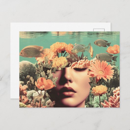 Surreal Underwater Portrait With Coral Flowers Postkarte (Vorne/Hinten)