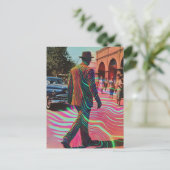 Surreal Vintage City Scene Man Walking Postkarte (Stehend Vorderseite)