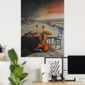Surreal Violin und Hourglass auf einem abgestuften Poster (Heimbüro)