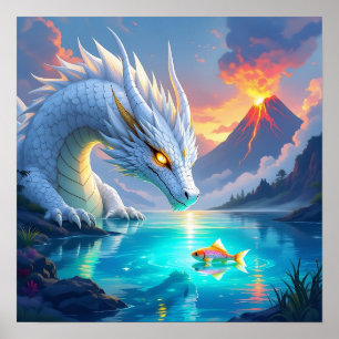 Surreal Weißer Drache und Goldfisch Poster