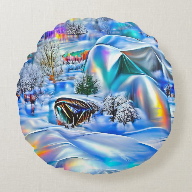 Surreal Winter Wonderland mit eisigen Lichtern Rundes Kissen (Vorderseite)