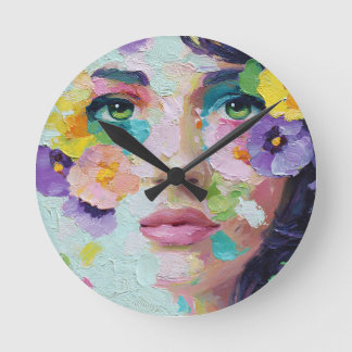 Surreal Woman Floral Eyes Petals Wind Wall Art Runde Wanduhr
