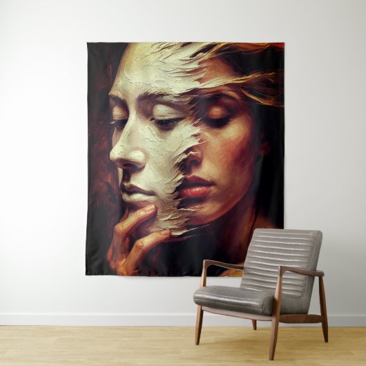 Surreal Woman Portrait with Painted Mask Wandteppich (Beispiel)