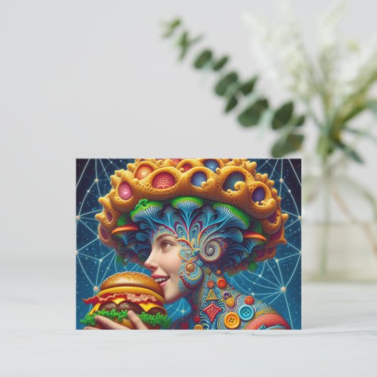 Surreal Women mit Cheeseburger Postkarte (Stehend Vorderseite)