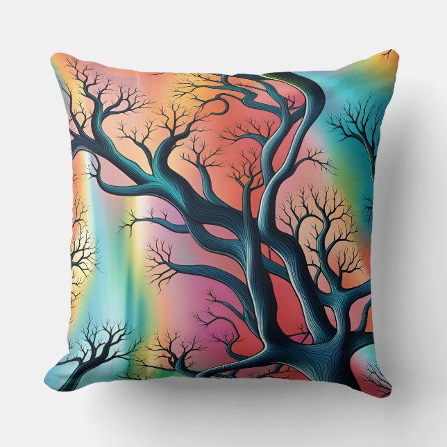 Surreale Bäume auf Regenbogen - farbiger Hintergru Kissen (Vorderseite)