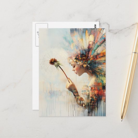 Surreale bunte Löwenzahnfee Postkarte (Vorderseite/Rückseite Beispiel)