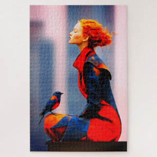 Surreale Frauen und Vogel Elegante Fantasie Rotes Puzzle