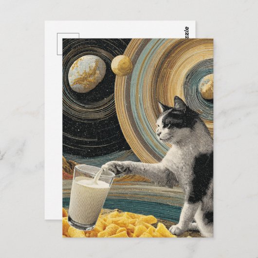 Surreale Katze mit Milch im Weltraum Postkarte (Vorne/Hinten)